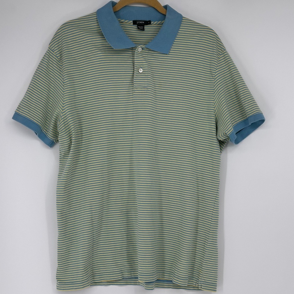 J.Crew Mens Pima Cotton Striped Polo Shirt Large Short Sleeve Blue Yellow L read